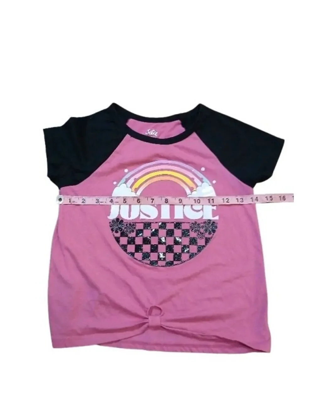 Justice Girls Knot Front Tie T-Shirt Pink Rainbow Glittery Top Size 7/8 Small